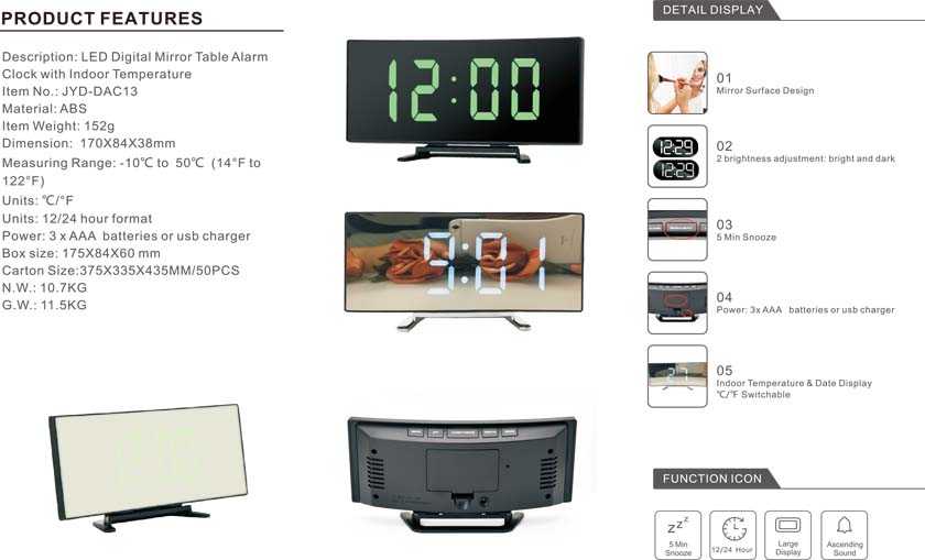 7 Inch Large LED Display Multifunction Mirror Alarm Clock Wholesales