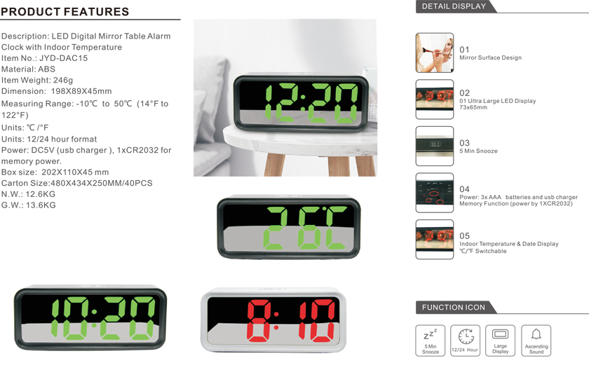 Large LED Display Multifunction Mirror Electronic Desk Clock Wholesales